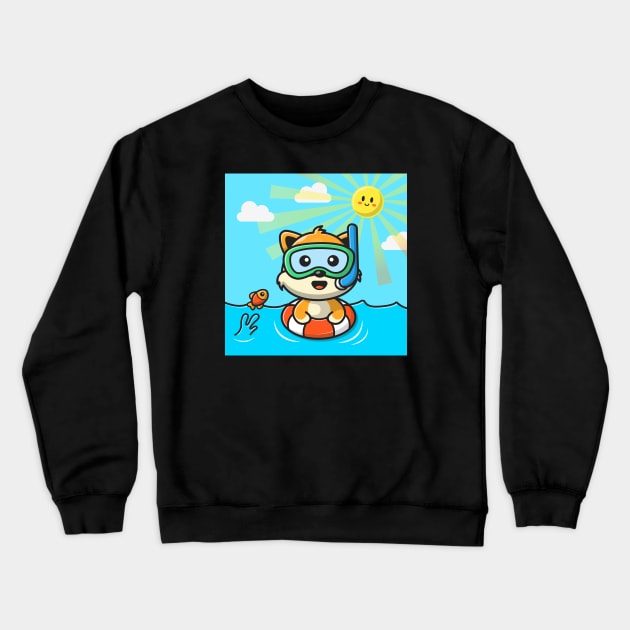 Cute Cat Snorkeling With Swimming Tires Crewneck Sweatshirt by Catalyst Labs